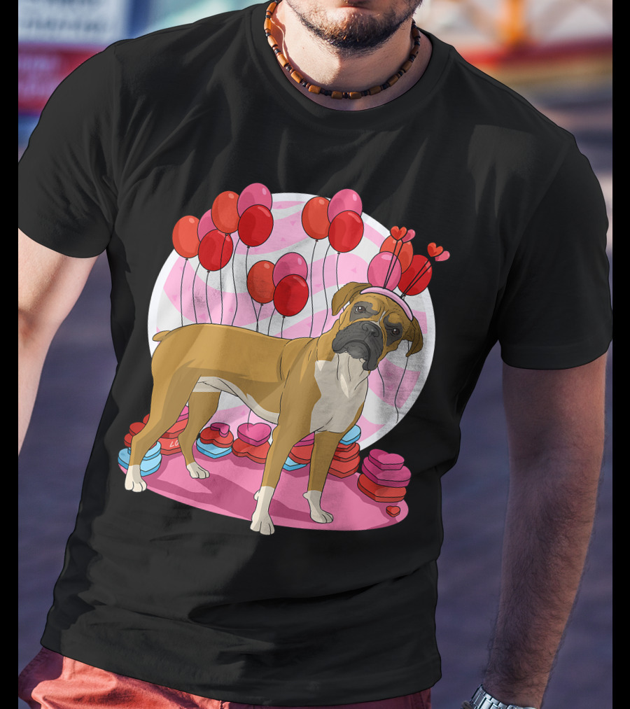 Boxer Dog With Heart Antlers And Balloons Valentine Decor T-Shirt