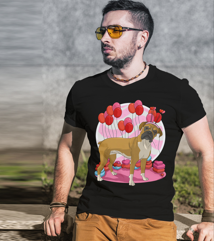 Boxer Dog With Heart Antlers And Balloons Valentine Decor T-Shirt