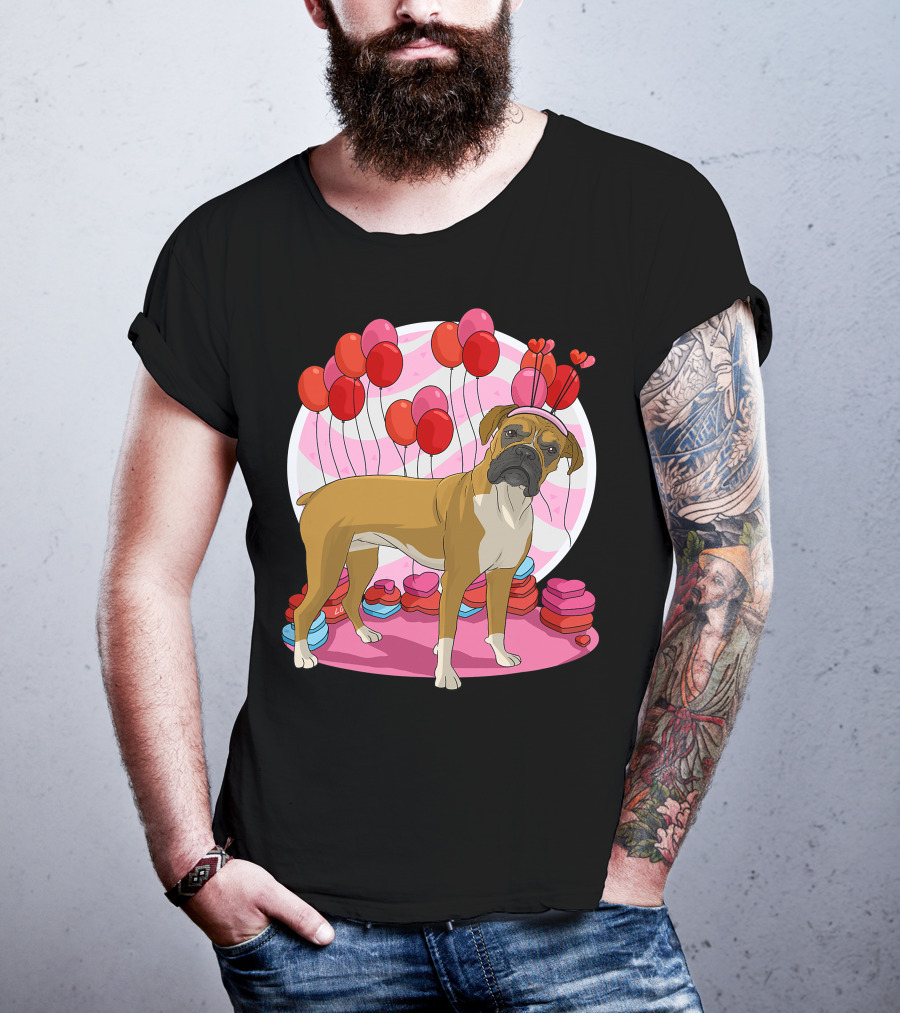 Boxer Dog With Heart Antlers And Balloons Valentine Decor T-Shirt