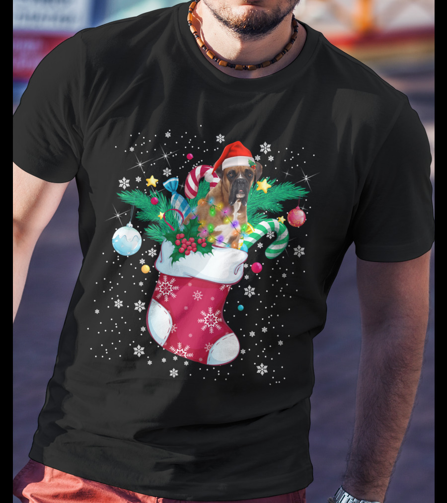 Boxer Dog In Santa Hat With Candy Canes In Christmas Stocking T-Shirt