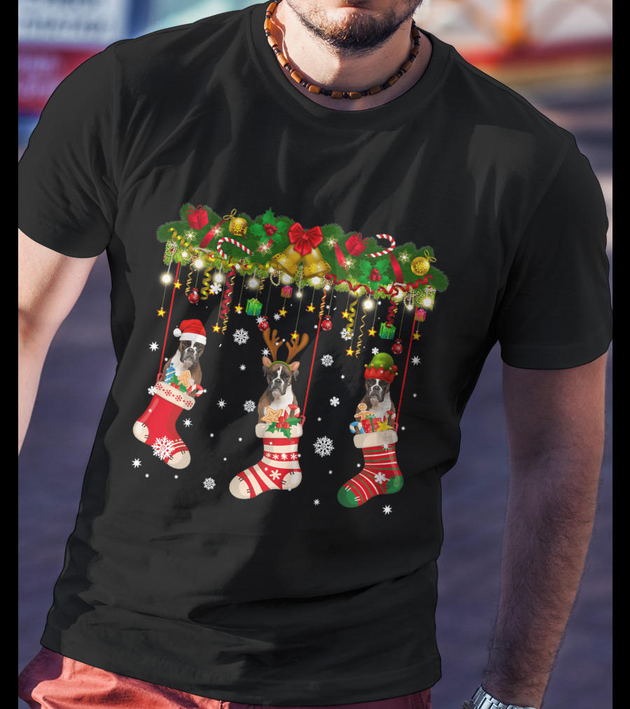 Boxer Dog In Christmas Stocking Santa Hat Reindeer Antlers Santa EL T-Shirt