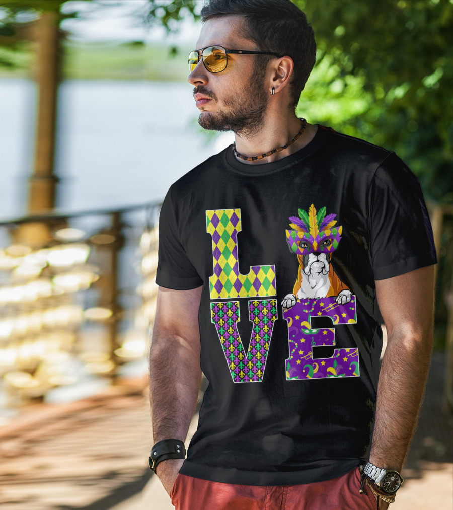 Boxer Dog Lover Mardi Gras Costume Mask Fleur De Lis Pattern Love T-Shirt