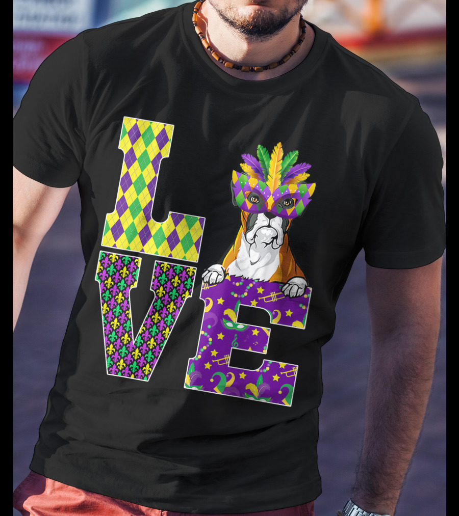 Boxer Dog Lover Mardi Gras Costume Mask Fleur De Lis Pattern Love T-Shirt