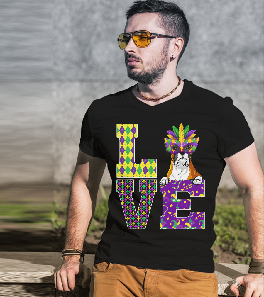 Boxer Dog Lover Mardi Gras Costume Mask Fleur De Lis Pattern Love T-Shirt