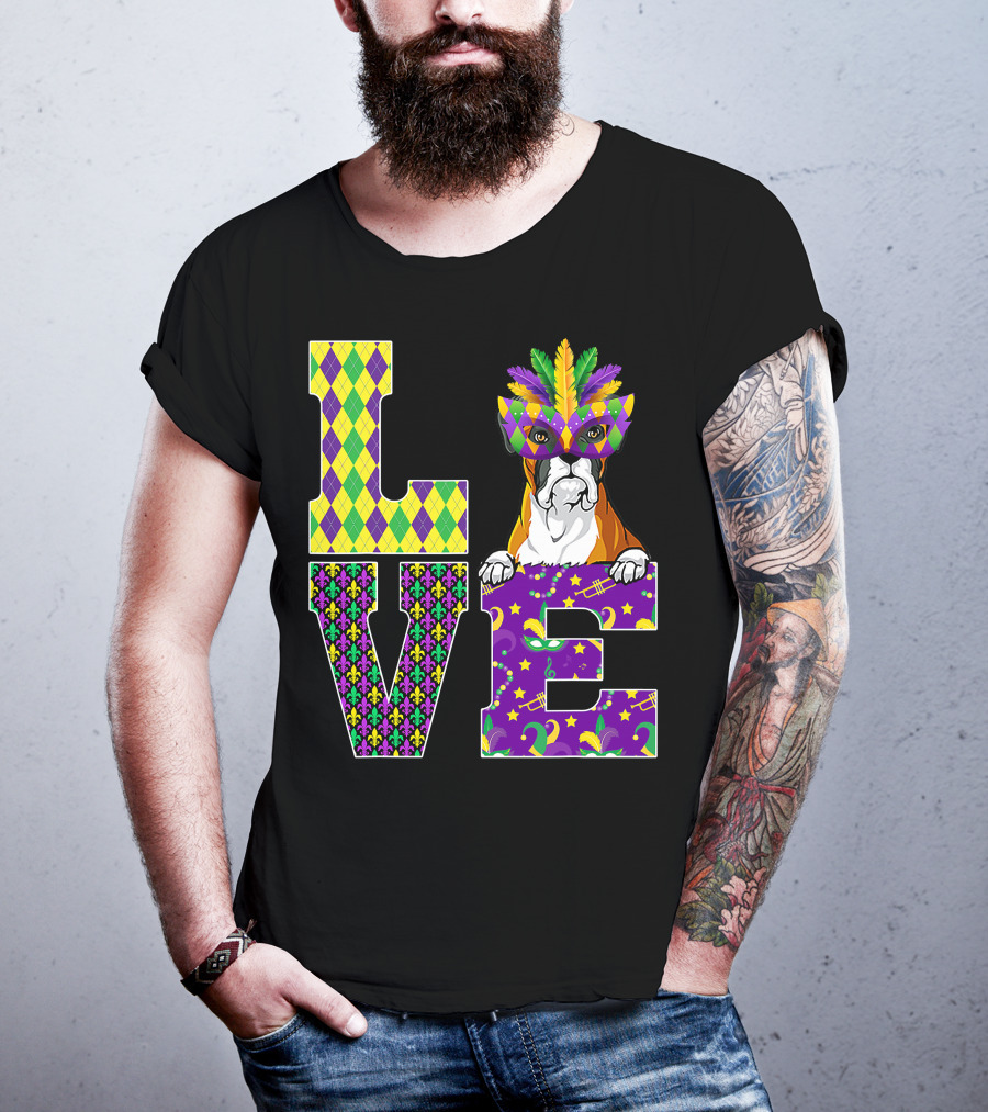 Boxer Dog Lover Mardi Gras Costume Mask Fleur De Lis Pattern Love T-Shirt