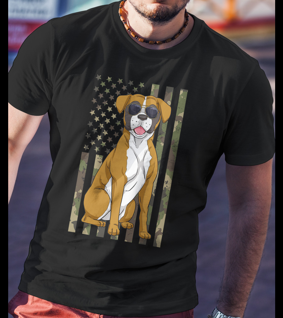 Boxer Dog Men Women Boxer Dad Mom Camo USA Flag Sunglasses T-Shirt