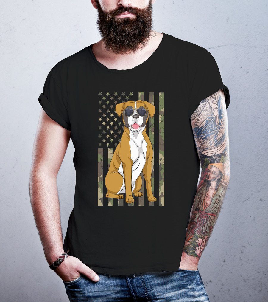 Boxer Dog Men Women Boxer Dad Mom Camo USA Flag Sunglasses T-Shirt