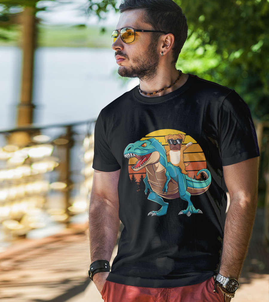 Boxer Dog Riding Dinosaur Rex Boys Girl Sunglasses Sunset T-Shirt