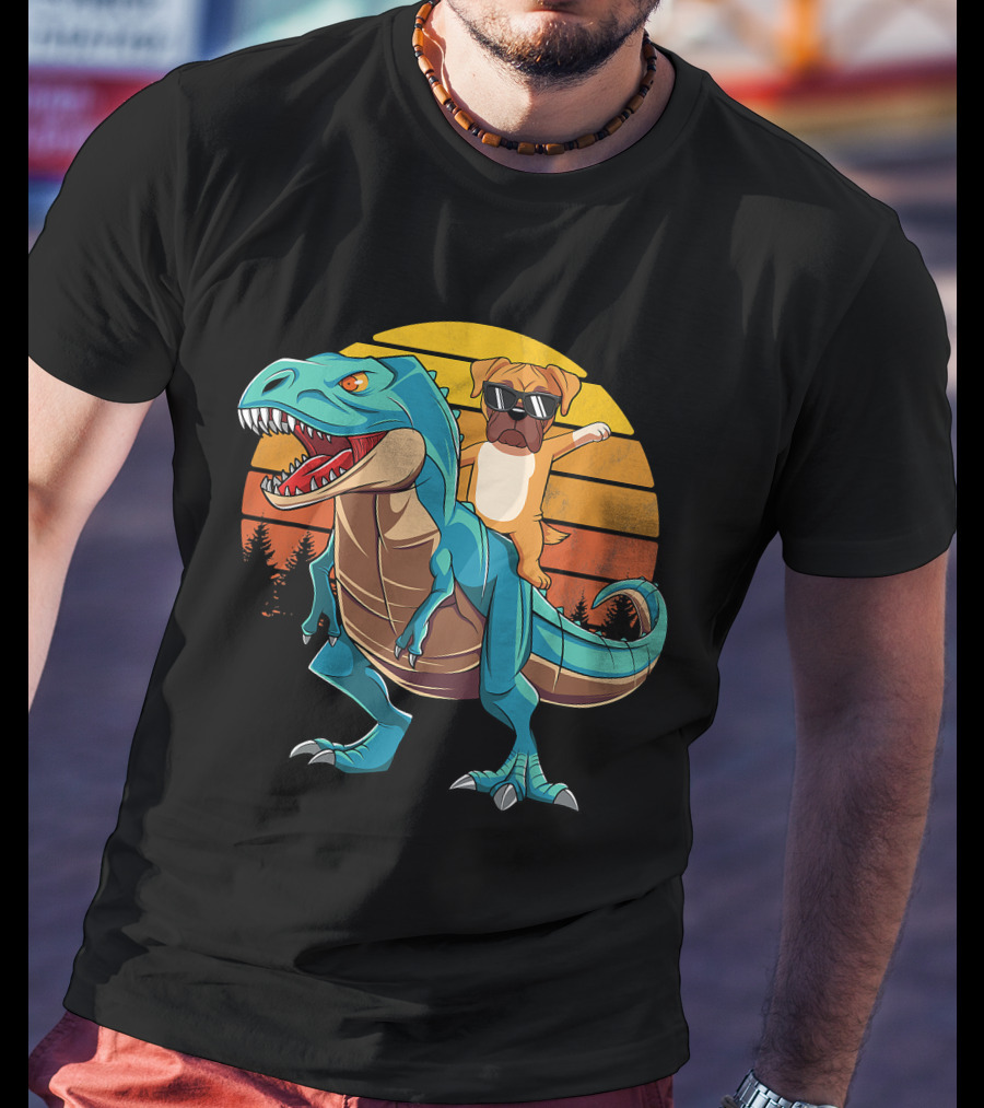 Boxer Dog Riding Dinosaur Rex Boys Girl Sunglasses Sunset T-Shirt
