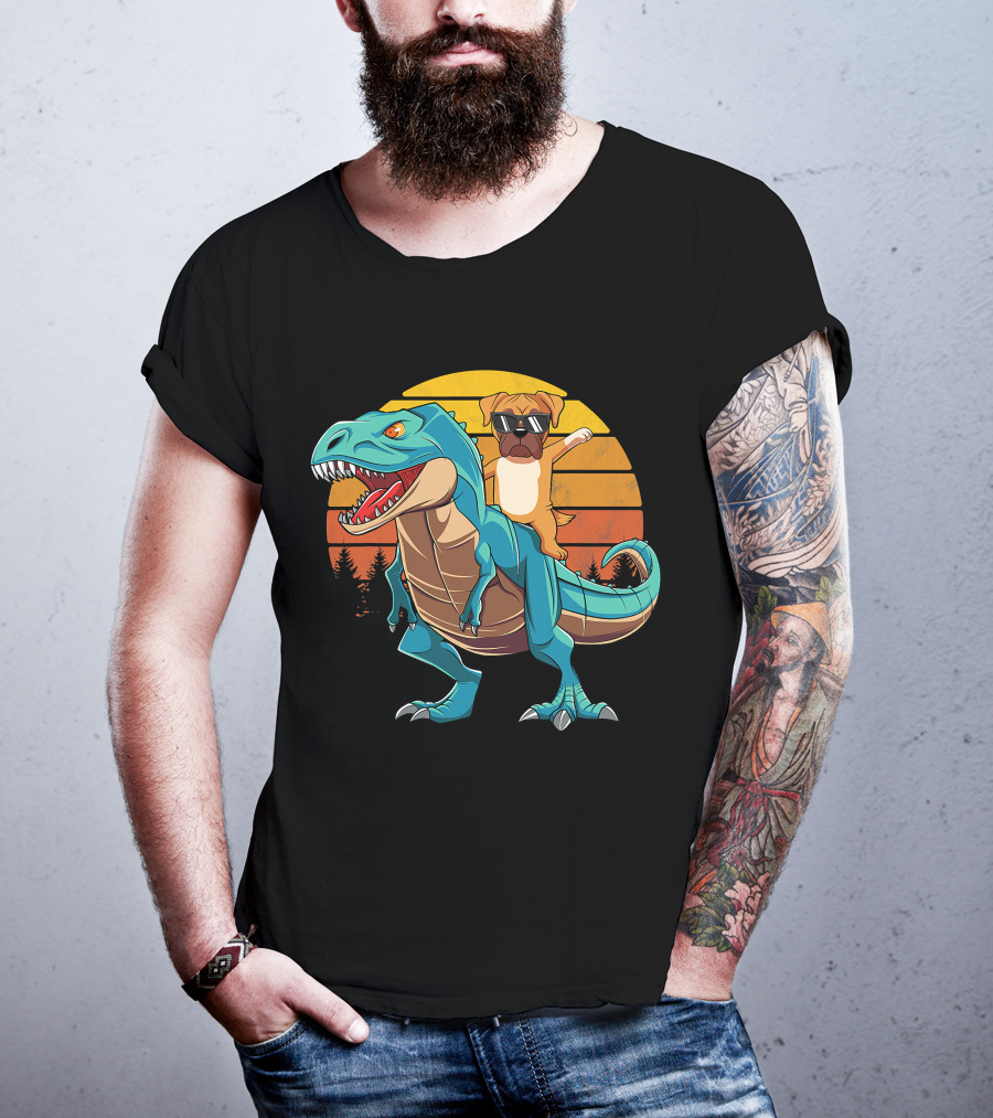 Boxer Dog Riding Dinosaur Rex Boys Girl Sunglasses Sunset T-Shirt