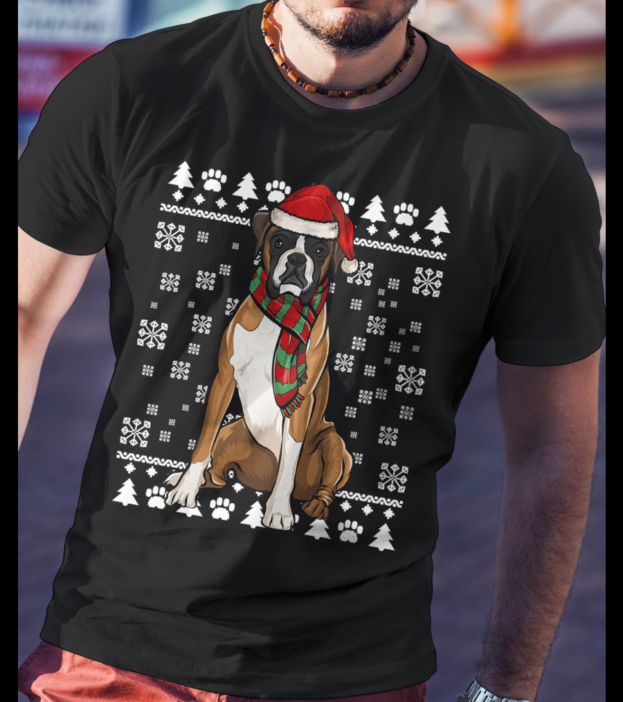 Boxer Dog Santa Hat Christmas Snowflakes Paw Prints Ugly T-Shirt