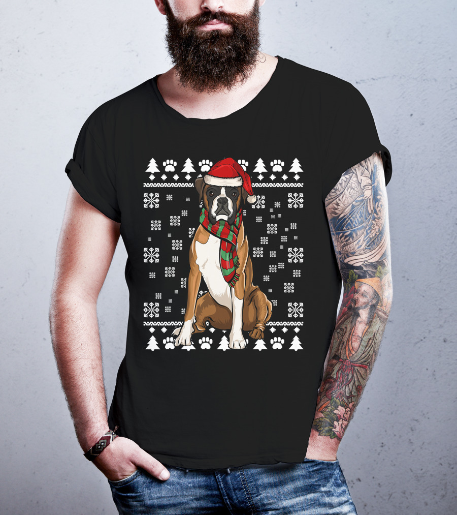 Boxer Dog Santa Hat Christmas Snowflakes Paw Prints Ugly T-Shirt
