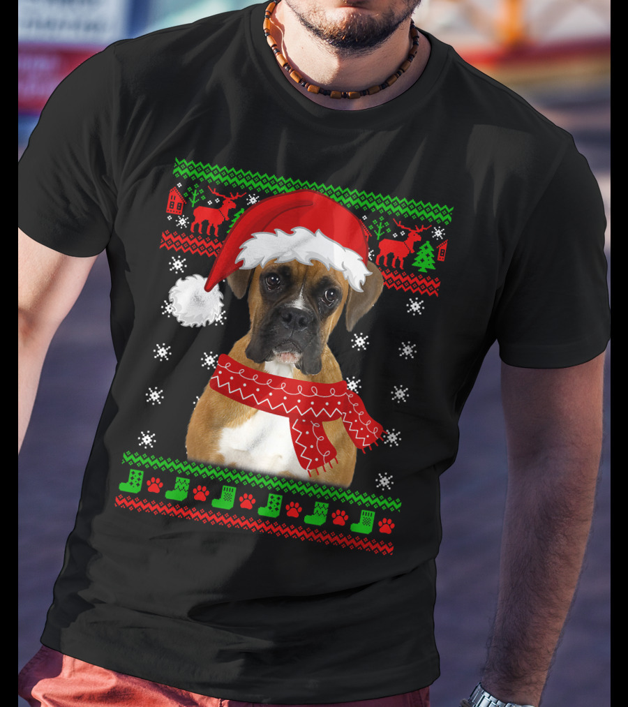 Boxer Dog Christmas Puppy Ugly Sweater Santa Hat Reindeer Snowflakes T-Shirt