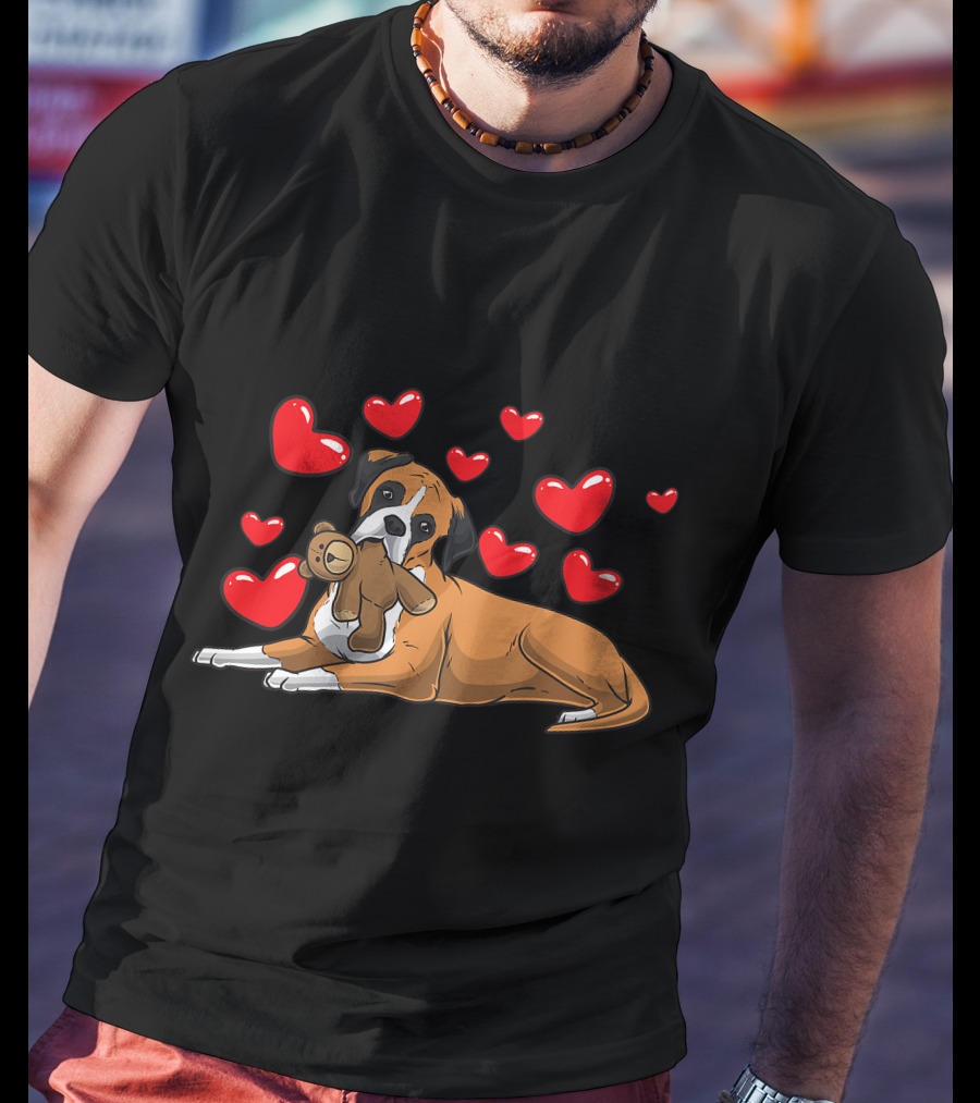 Boxer Dog Cuddling Teddy Bear Surrounded By Red Hearts T-Shirt