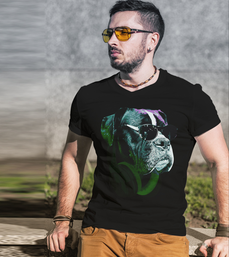 Boxer Dog With Sunglasses And Headphones Vintage Cool Canine T-Shirt