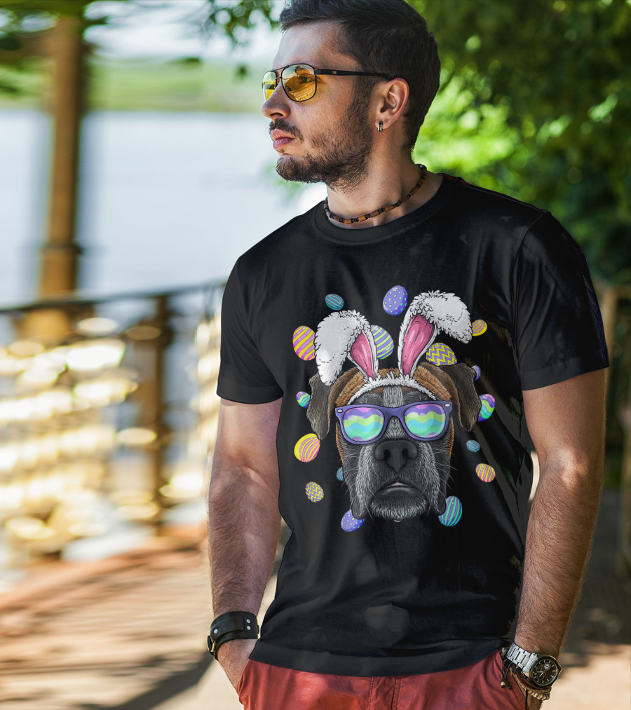 Boxer Dog With Bunny Ears And Sunglasses Surrounded By Colorful Easter Eggs T-Shirt