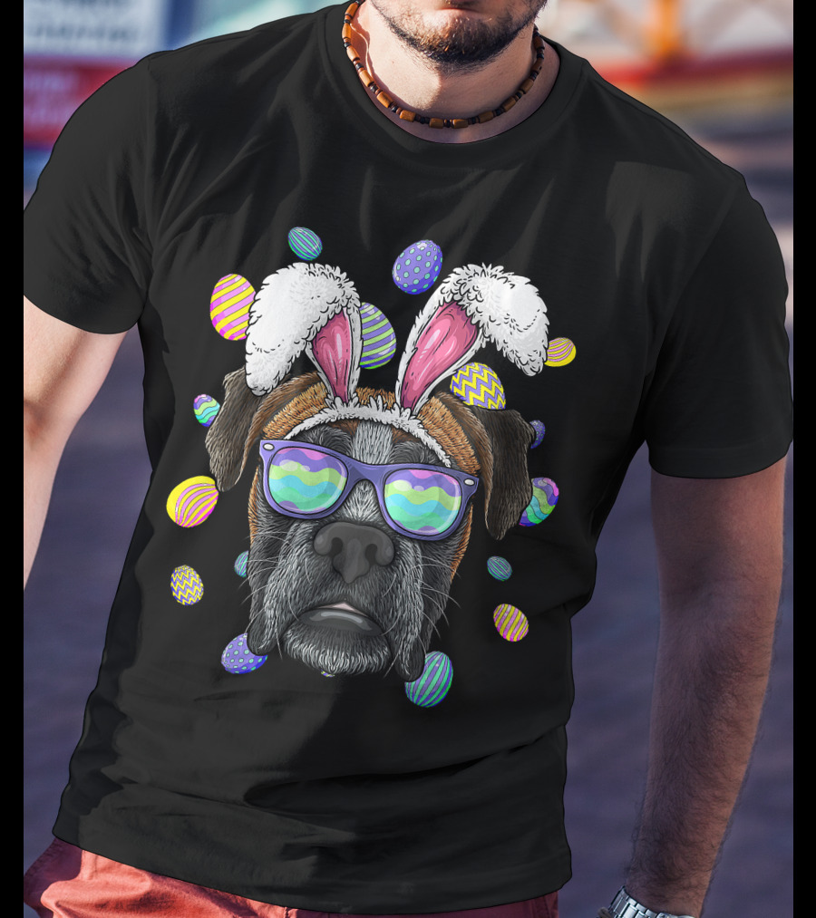 Boxer Dog With Bunny Ears And Sunglasses Surrounded By Colorful Easter Eggs T-Shirt