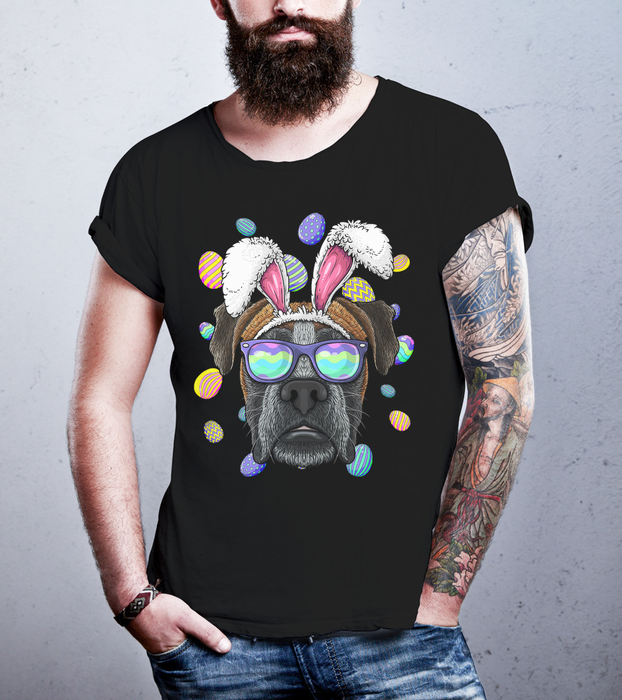 Boxer Dog With Bunny Ears And Sunglasses Surrounded By Colorful Easter Eggs T-Shirt