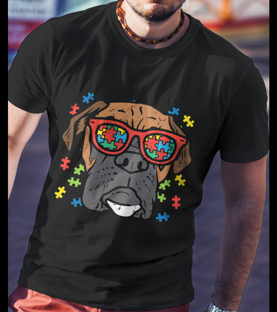 Boxer Face With Puzzle Glasses For Autism Awareness T-Shirt