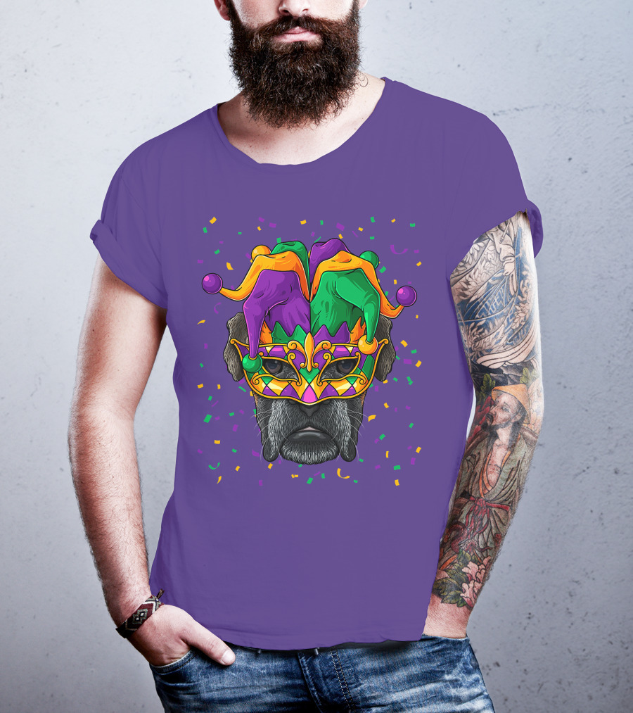 Carnival King Boxer Dog Wearing Jester Mask With Confetti T-Shirt