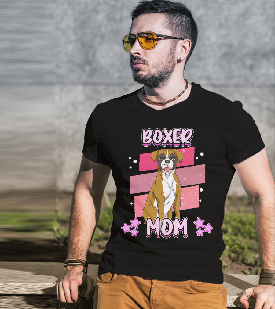 Boxer Mom Pink Stars Funny Dog Saying T-Shirt