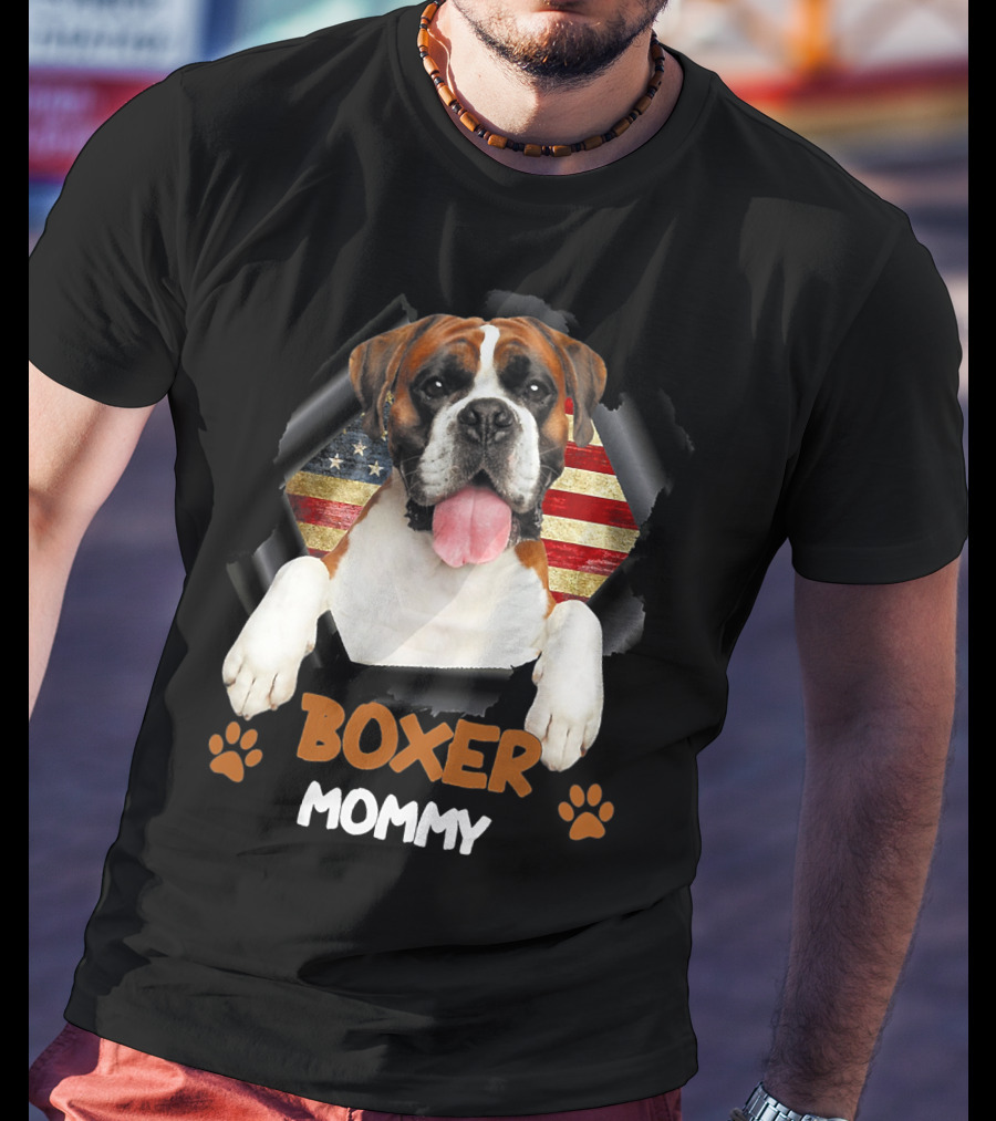 Boxer Mommy Dog With Torn American Flag Background T-Shirt