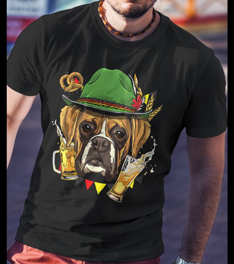 Oktoberfest Boxer Dog Lederhosen Beer Pretzel Hat T-Shirt