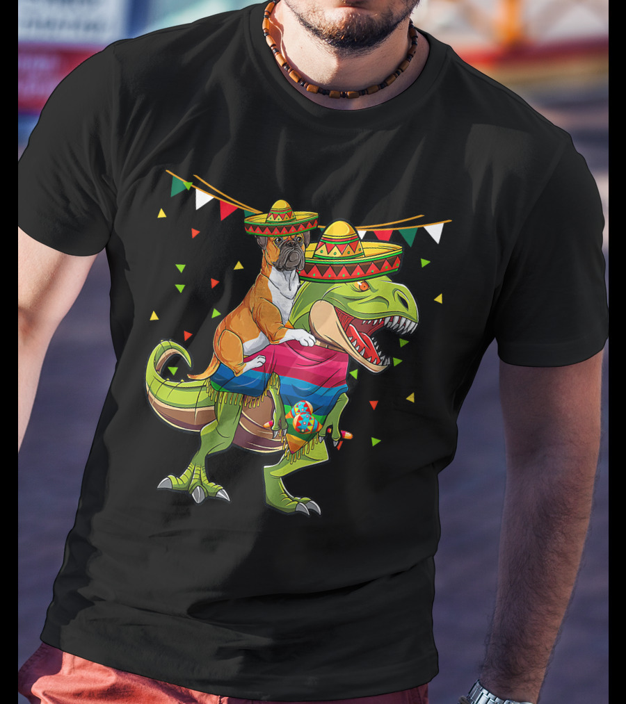 Boxer Dog With Sombrero Riding Dinosaur Rex Fiesta Flag Party T-Shirt