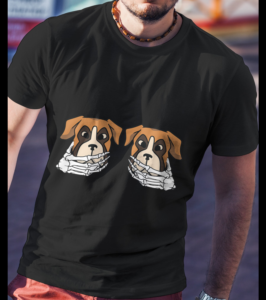 Boxer Skeleton Hand On Breast Lazy Hallo Dog Costume Halloween Humor T-Shirt