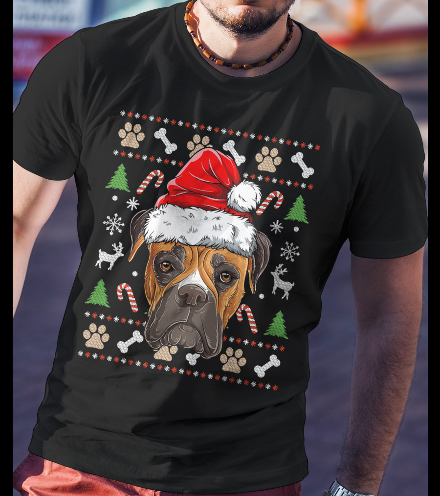 Seasonal Spirit Boxer In Christmas Santa Hat With Candy Canes And Snowflakes T-Shirt