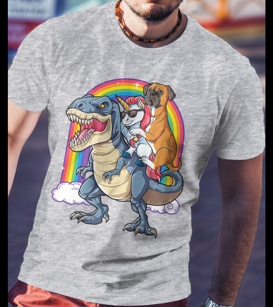 Boxer Riding Dinosaur Unicorn T-Shirt