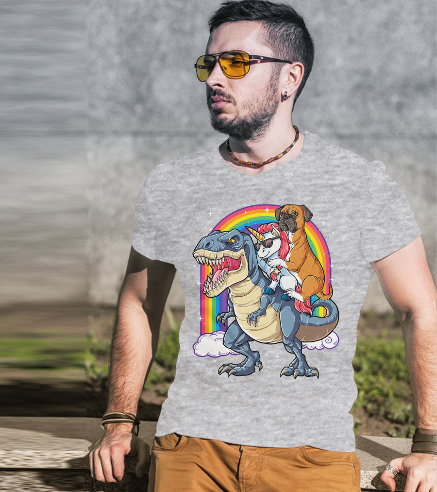 Boxer Riding Dinosaur Unicorn T-Shirt