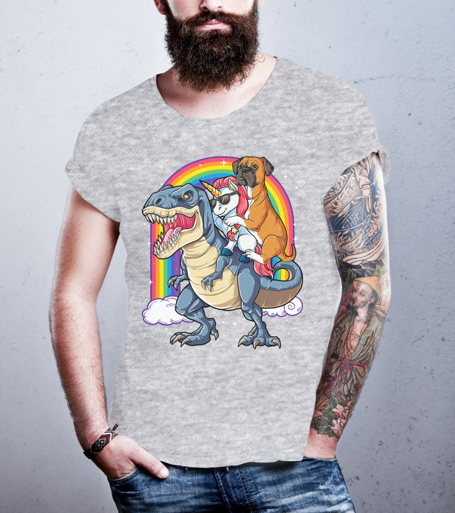 Boxer Riding Dinosaur Unicorn T-Shirt