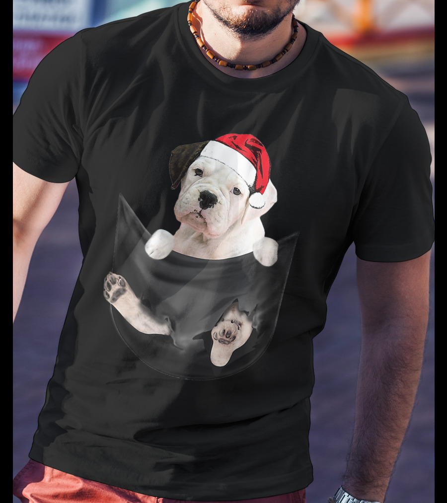 White Boxer Dog Santa Hat Christmas Pocket Mid-Length T-Shirt