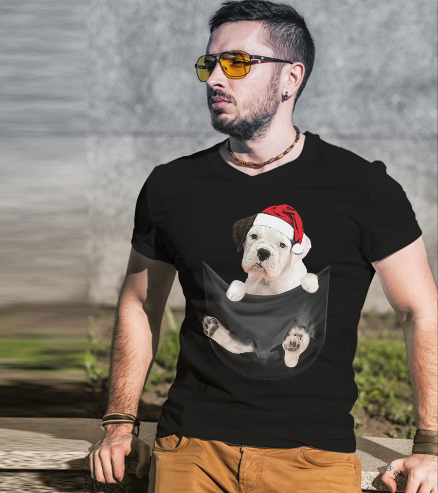 White Boxer Dog Santa Hat Christmas Pocket Mid-Length T-Shirt