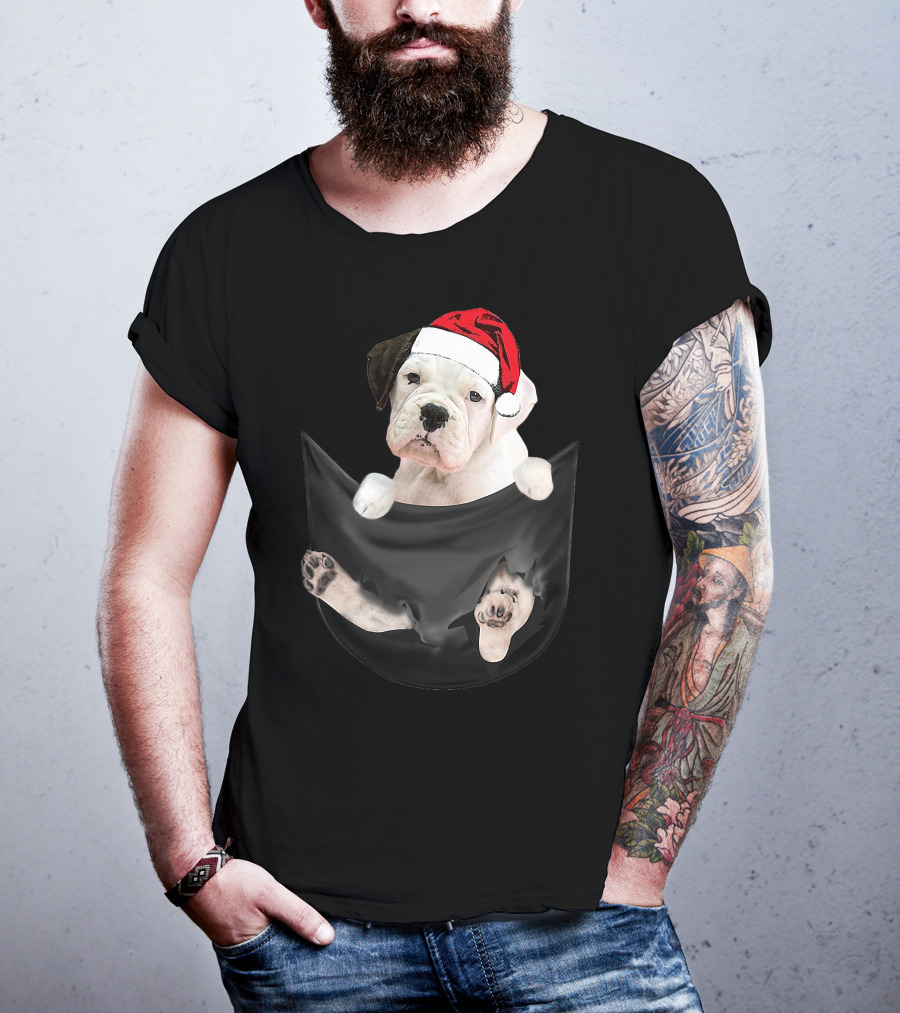 White Boxer Dog Santa Hat Christmas Pocket Mid-Length T-Shirt