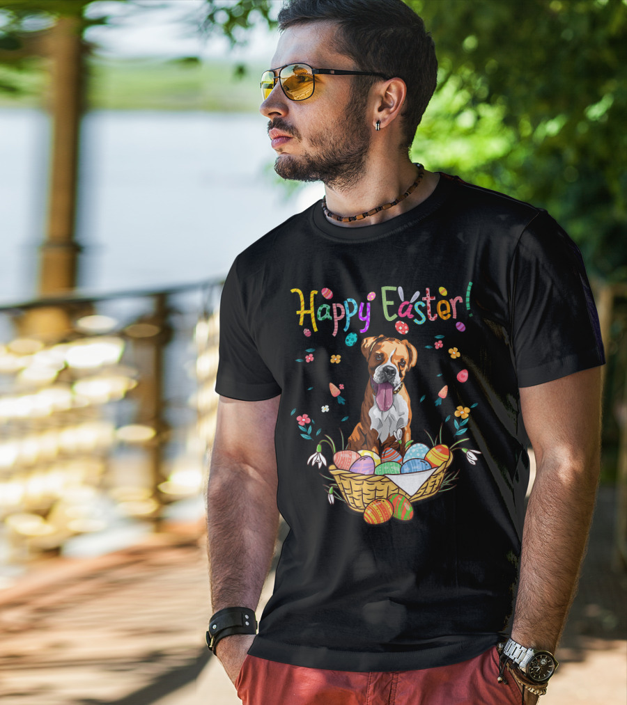 Happy Easter Bunny Boxer Dog In Egg Basket T-Shirt
