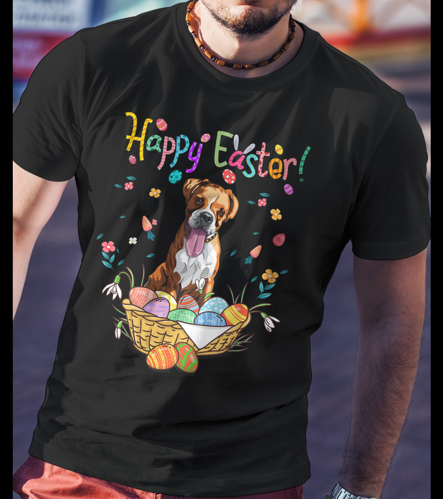 Happy Easter Bunny Boxer Dog In Egg Basket T-Shirt