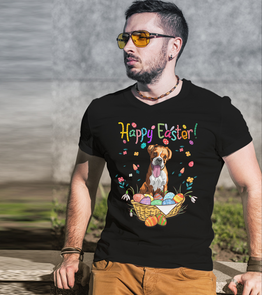 Happy Easter Bunny Boxer Dog In Egg Basket T-Shirt
