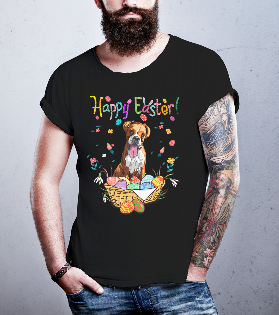 Happy Easter Bunny Boxer Dog In Egg Basket T-Shirt