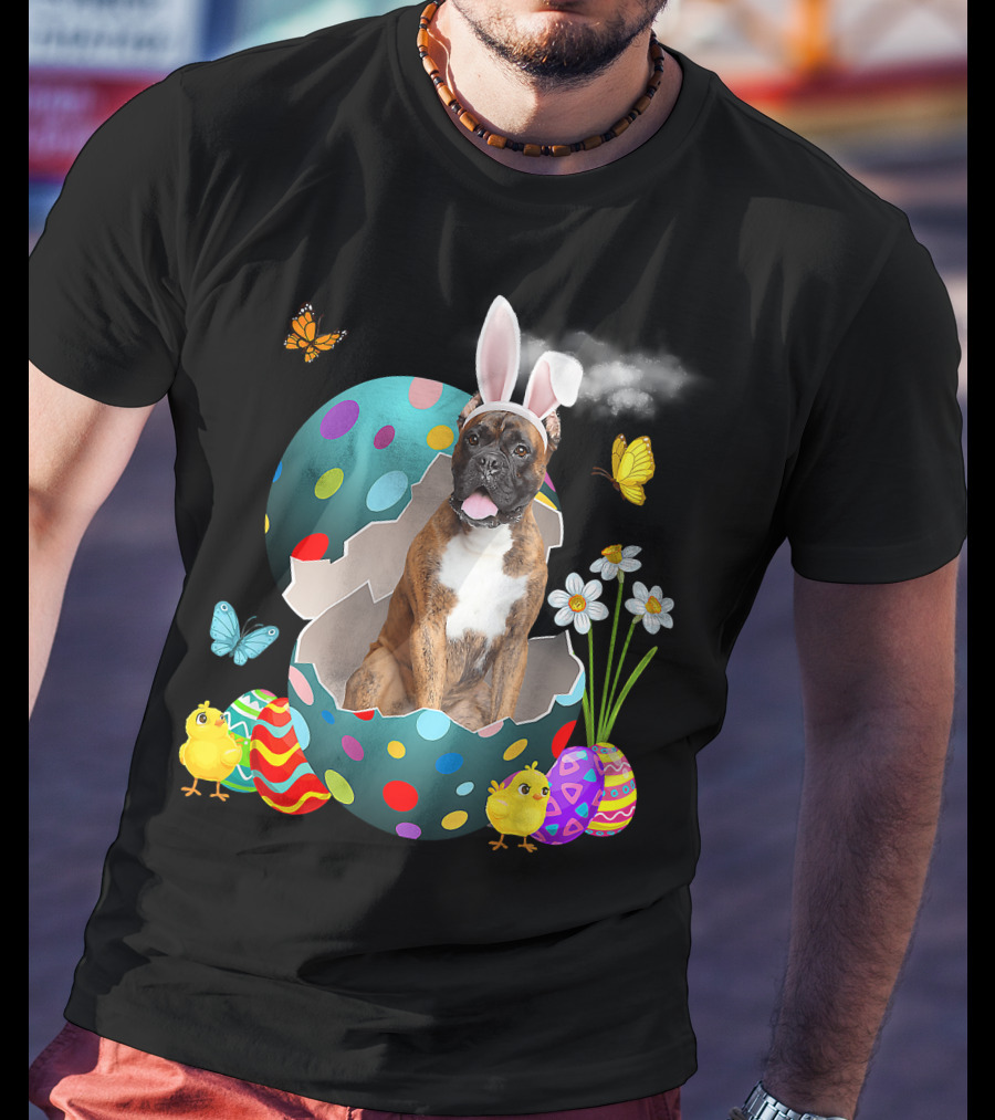 Bunny Boxer Dog With Easter Eggs Chicks Butterflies And Flowers T-Shirt