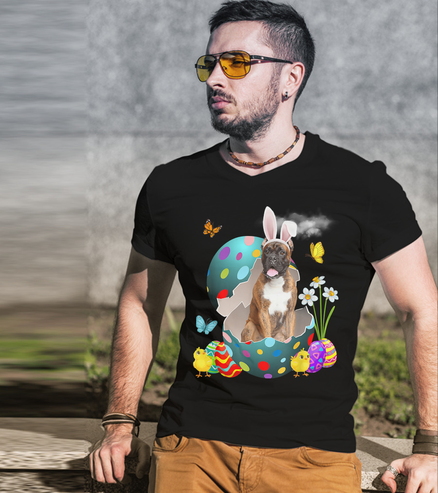 Bunny Boxer Dog With Easter Eggs Chicks Butterflies And Flowers T-Shirt