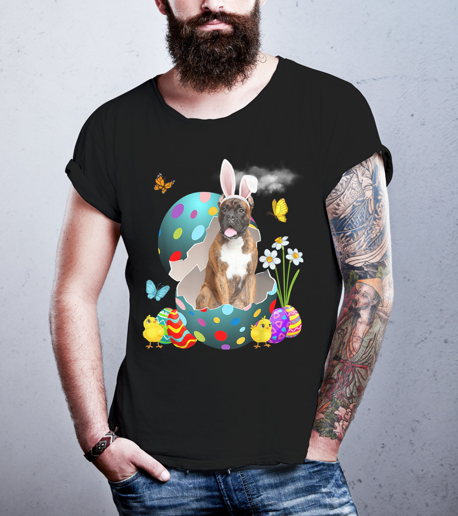 Bunny Boxer Dog With Easter Eggs Chicks Butterflies And Flowers T-Shirt