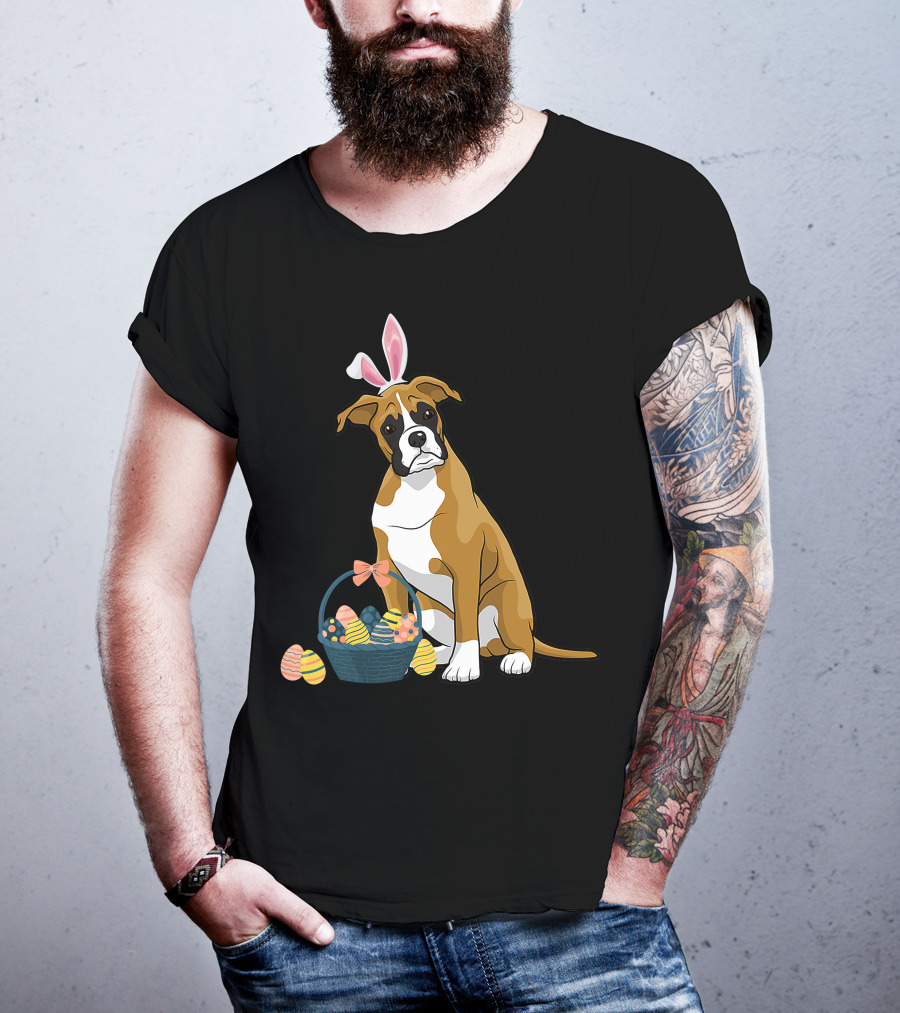 Bunny Ears Boxer Dog Cute Doge Rabbit With Easter Eggs Basket T-Shirt