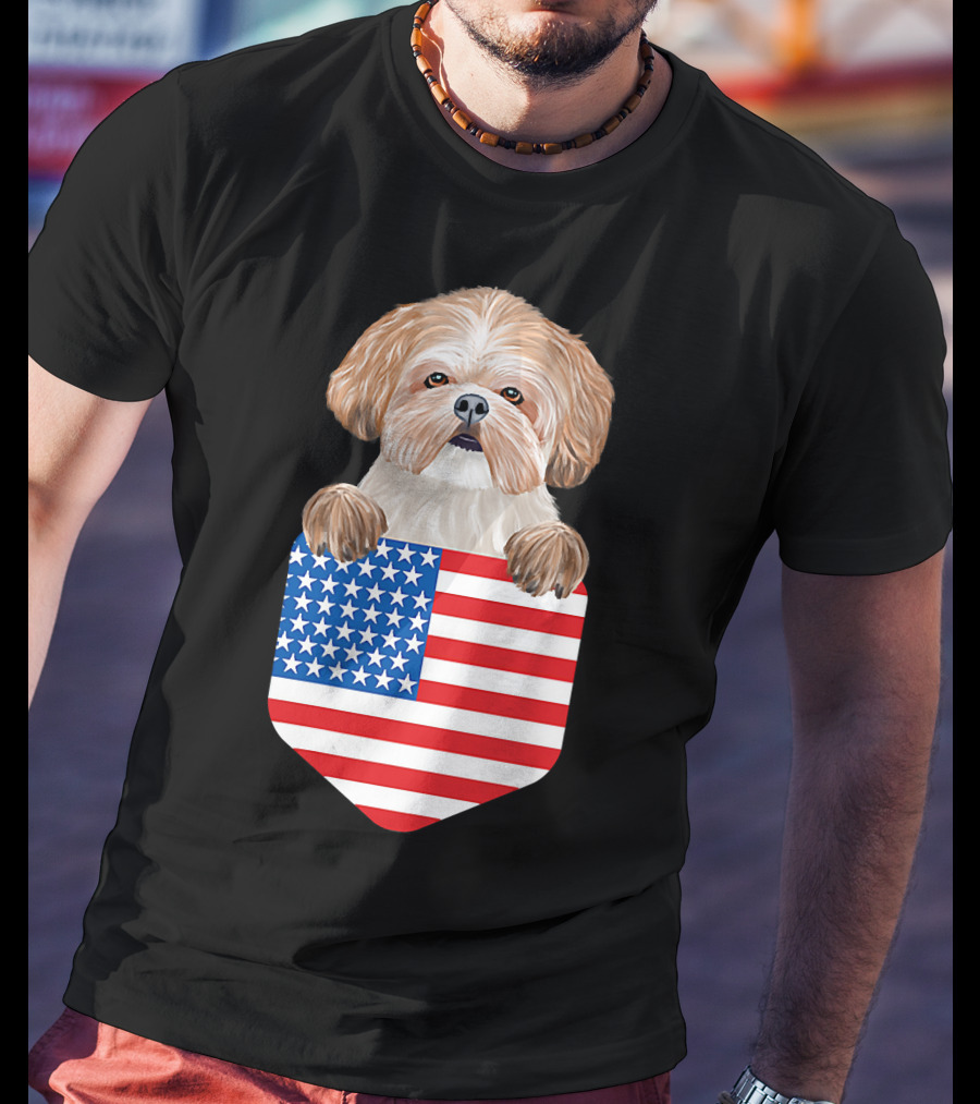 Shih Tzu Dog In American Flag Pocket T-Shirt