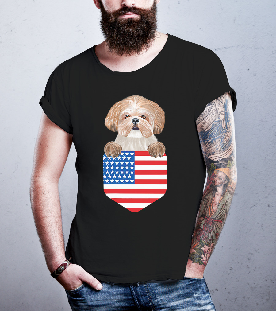 Shih Tzu Dog In American Flag Pocket T-Shirt