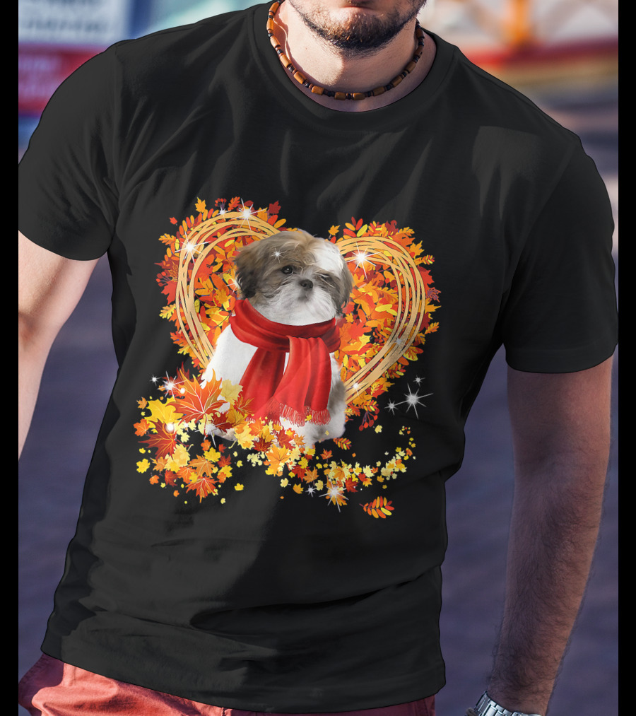 Baby Shih Tzu Love Autumn Fall Season With Heart Leaves T-Shirt