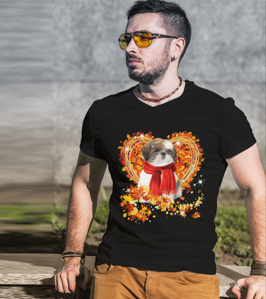 Baby Shih Tzu Love Autumn Fall Season With Heart Leaves T-Shirt