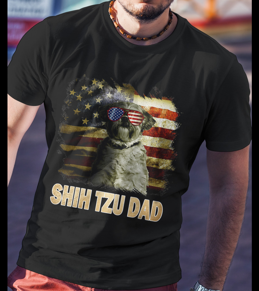 Shih Tzu Dad American Flag Glasses Patriotic Dog Holiday T-Shirt