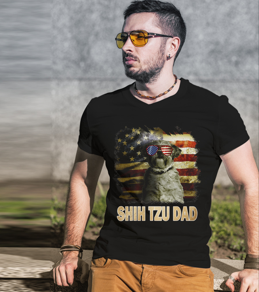 Shih Tzu Dad American Flag Glasses Patriotic Dog Holiday T-Shirt